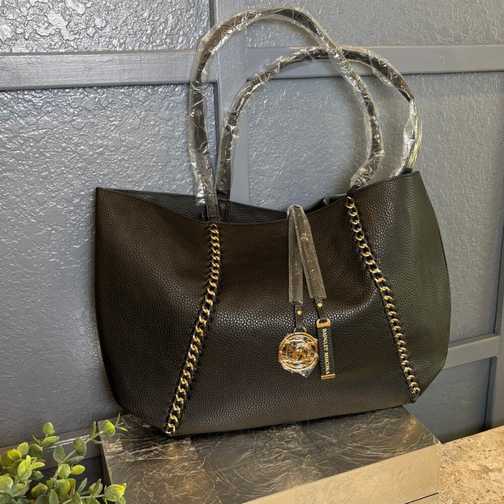 Badgley Mischka Decorative Chain Pebbled Chic Designer Vegan Tote Black NWT